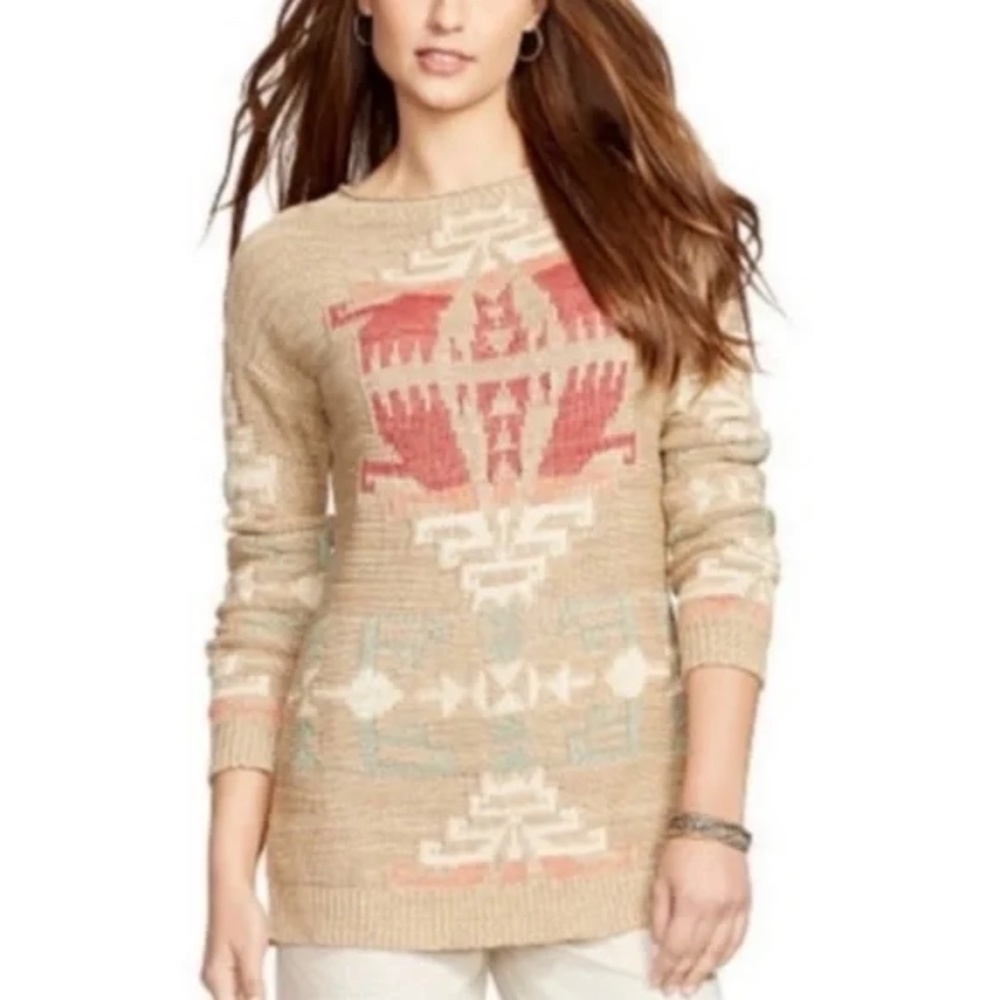 Ralph Lauren Southwestern Geometric Linen and Cotton Blend Sweater Sz XS